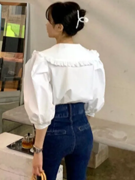 Chic Spring New Sle Agel Doll Collar Single Button Loose Versatile Bubble Sve irt Top Women Casual Faionable