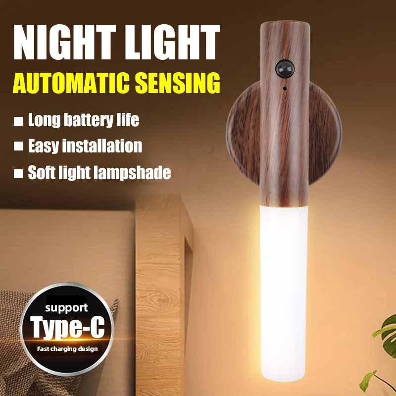 Lampu Malam Walnut dengan Sensor Gerak & Kontrol Sentuh RGB, Set Lampu Dinding Kayu Isi Ulang USB untuk Kamar Tidur, Tangga, Kamar Mandi