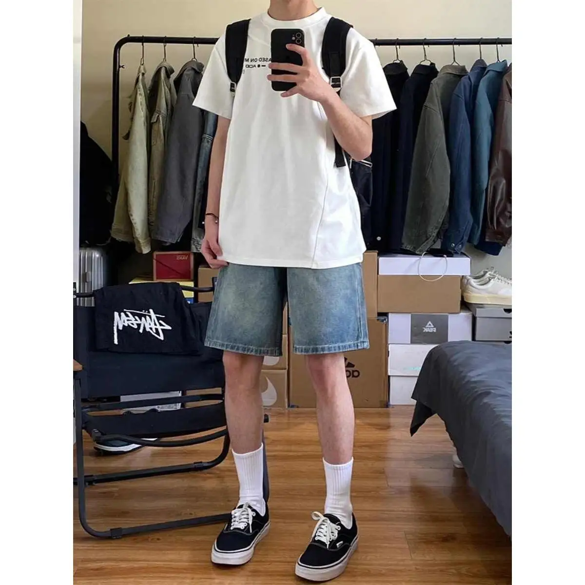 

Light Blue Washed Men's Denim Shorts mid Waist Straight Leg Loose Fit Summer Fashion Brand Knee-Length Four-Piece Pants