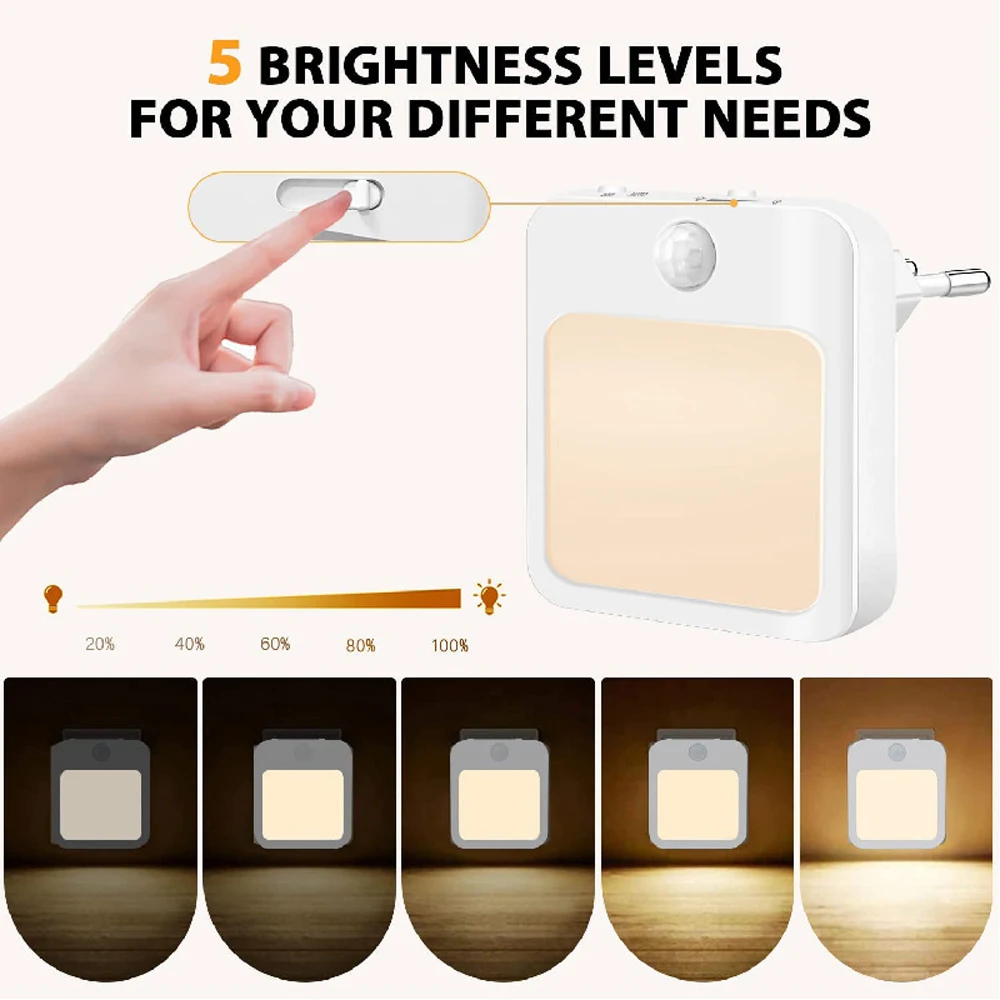 Plug in LED Night Light Bedside Lamp with Motion Sensor Adjustable Brightness Closet Light for Bedroom Kitchen Stairs Corridor