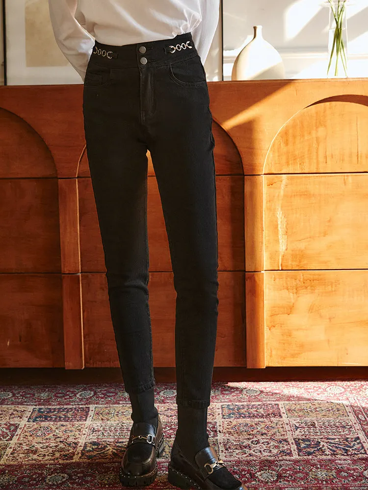 OLrain femmes noir jean moulant taille haute cheville longueur pantalon extensible décontracté coupe ajustée chaîne en métal dames pantalon O21DA56308