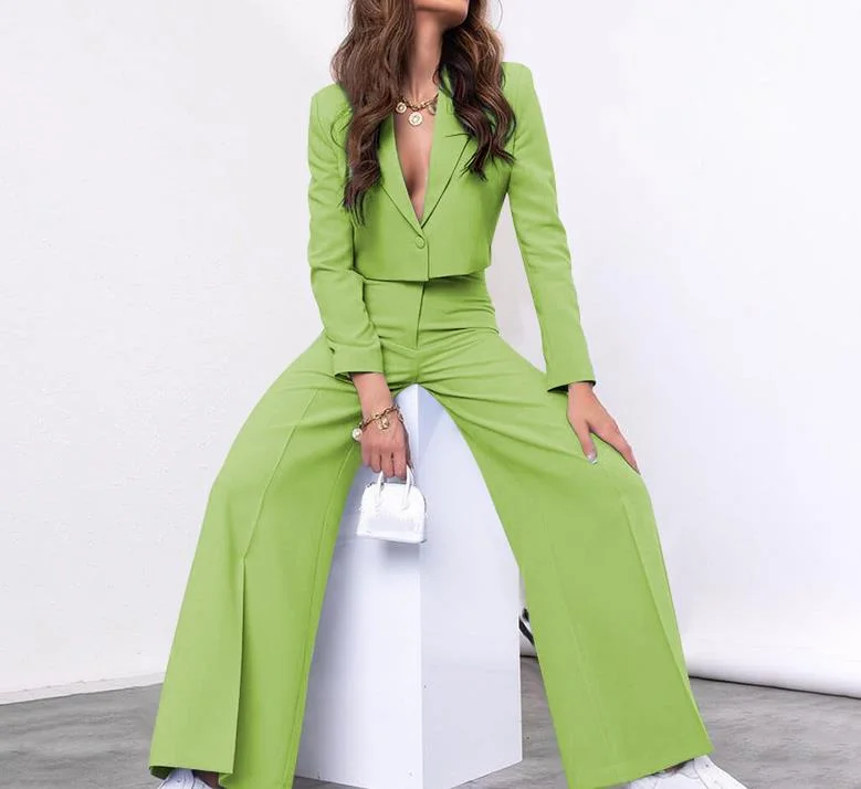 Two Piece Set Women Outfit 2023 Autumn Fashion Solid Notched Collar Long Sleeve Crop Blazer & High Waist Wide Leg Pants Suit