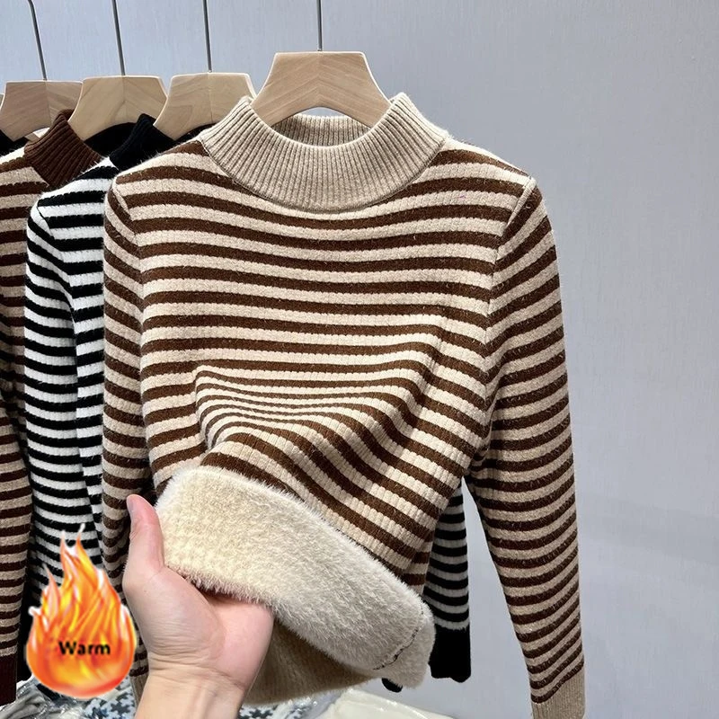 Stripe Plus Velvet Winter Sweater Women Korean Fashion Half High Collar Knit Pullover Oversized Loose Long Sleeve Knitwear Top