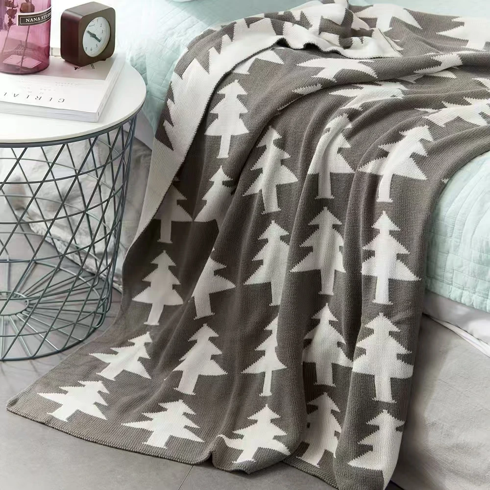 

Full Cotton Christmas Tree Blanket Jacquard KnittingThrow Soft Skin Friendly Camp Nap Cover Quilt Living Room Sofa Decorative