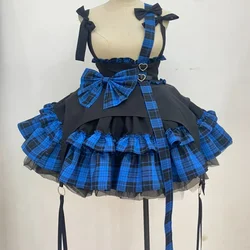 2024 Cute Girl Y2k Cosplay Costume Party Skirt Ball Gown Lolita Plaid Bow Suspender Skirt Women Love Button A-Line Mini Skirts