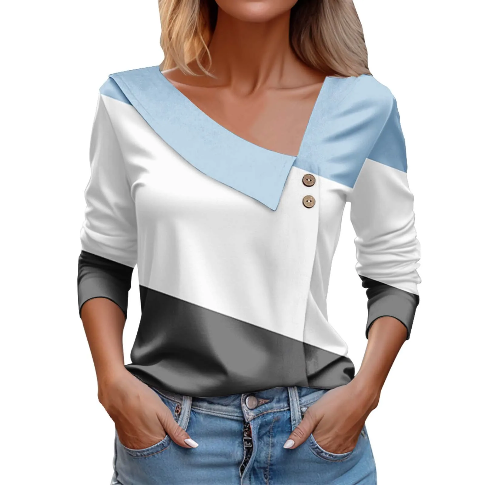 Fashionable Women's Spring And Autumn New Casual Shirt Elegant Geometric Print Long Sleeved Diagonal Neck Button Shirt Blouse