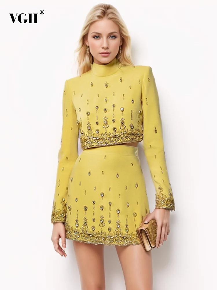 

VGH Solid Two Piece Set For Women Turtleneck Long Sleeve Tops High Waist Bodycon Skirts Spliced Diamonds Slimming Sets Female