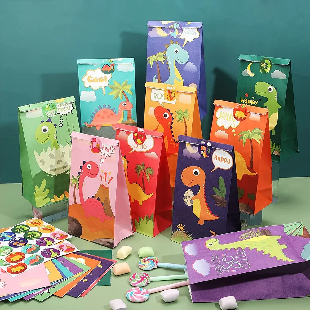 Cartoon dinozaur papierowe torby na prezenty bransoletki zatrzaskowe naklejki z tatuażami dla dzieci dinozaur dżungla urodziny dekoracje na baby shower