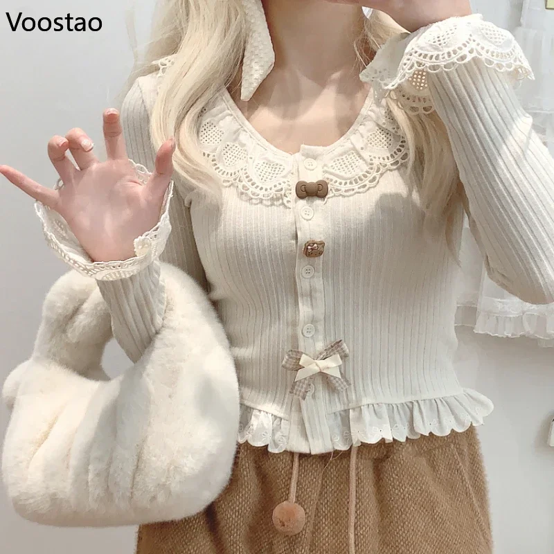 Japanese Sweet Lolita Style Knitted Shirt Women Kawaii Bow Cartoon Cat Buttons Lace Ruffles Slim Blouse Female Korean Crop Tops