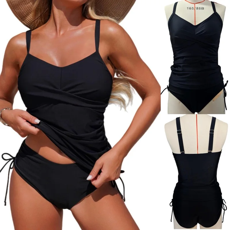 

2026 Womens Two Pieces Swimsuit Set V-Neck Cross Tummy Control Swimwear Tank Vest Drawstring Briefs Full Coverage Bathing Suit