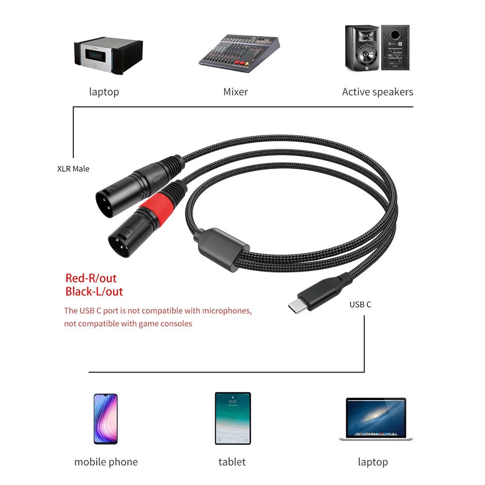 USB نوع C ذكر إلى 2 XLR ذكر مكبر للصوت كابل صوت ستيريو 32Bit/384Khz للهواتف الذكية والكمبيوتر المحمول