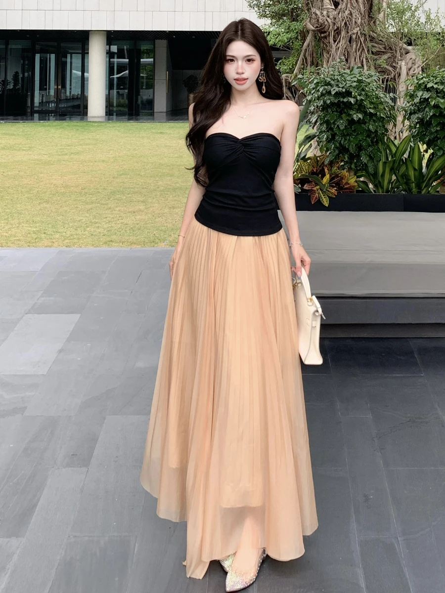 

Elegant Sexy Knot Tie Crop Top Vest Net Gauze A-Line Pleated Midi Skirt Two Piece Set Fashionable Summer Outfit for Women