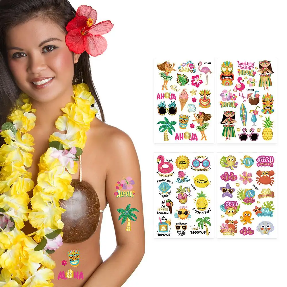 1/4 pçs verão praia festa carimbo quente tatuagem adesivo criativo braço perna crianças brinquedos temporário anti havaiano fruta tatuagem adesivo