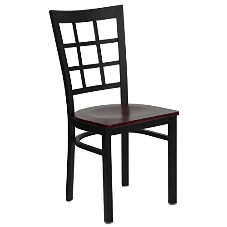 

HERCULES Series Black Window Back Metal Restaurant Chair - Mahogany Wood Seat