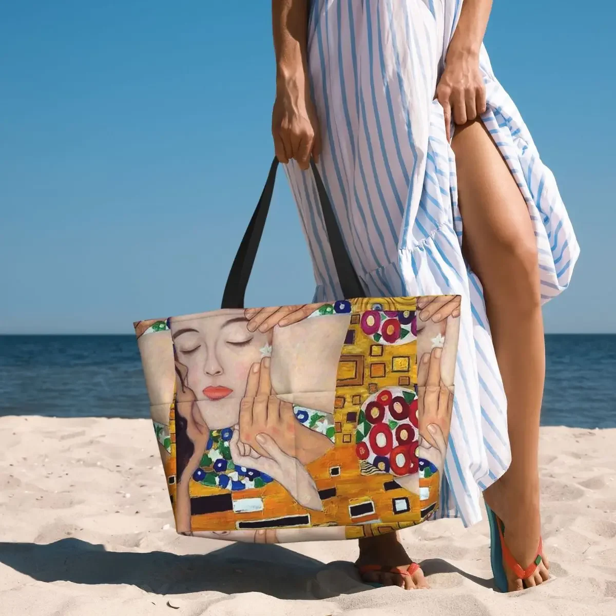 The Kiss By Gustav Klimt Beach Tote Bag Sport Gym Yoga Duffle Large Tote Bag Women Travel Bag Fitness bag