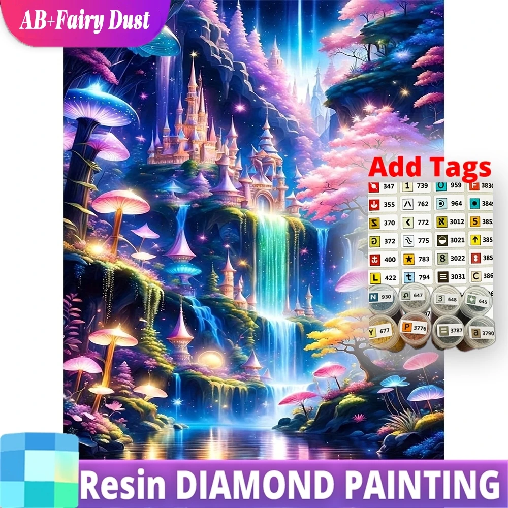 

Смола AB Фея Пыль Водопад Алмазная Мозаика Пейзаж Фэнтези DIY Гриб Картина Замок Картина Стразы Вышивка Стены