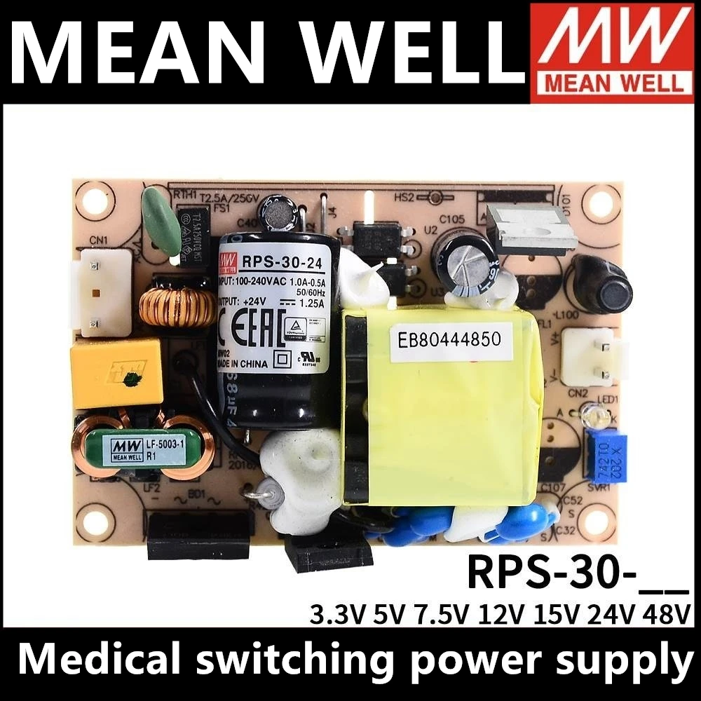 MEAN WELL Medical Switching Power Supply, PCB Baixo Vazamento, Corrente MW, RPS-30-5, RPS-30-7.5, RPS-30-12, RPS-30-15, RPS-30-24, RPS-30-48,
