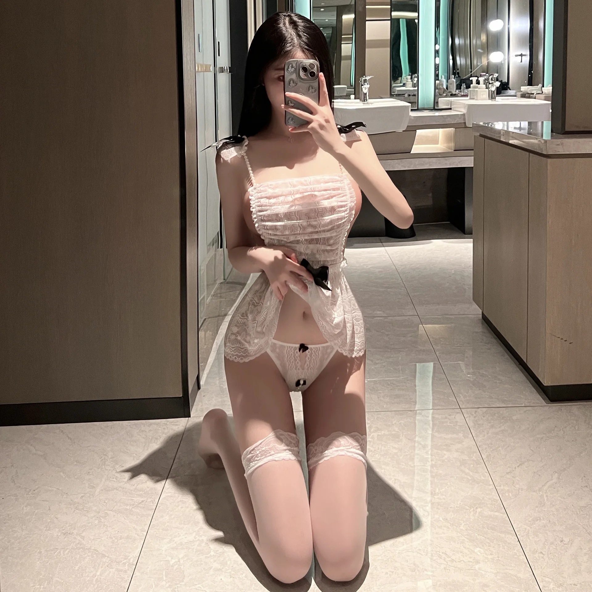 Sexy underwear female pure desire sexy hot onesie maid set hollow uniform lace Pure bow sexy nightdress