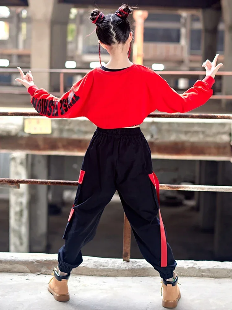 Teen Kids Fashion Streetwear Stage Outfit Girls Kpop Hip Hop Clothes Jazz Dance Costume Red Crop top pantaloni Cargo