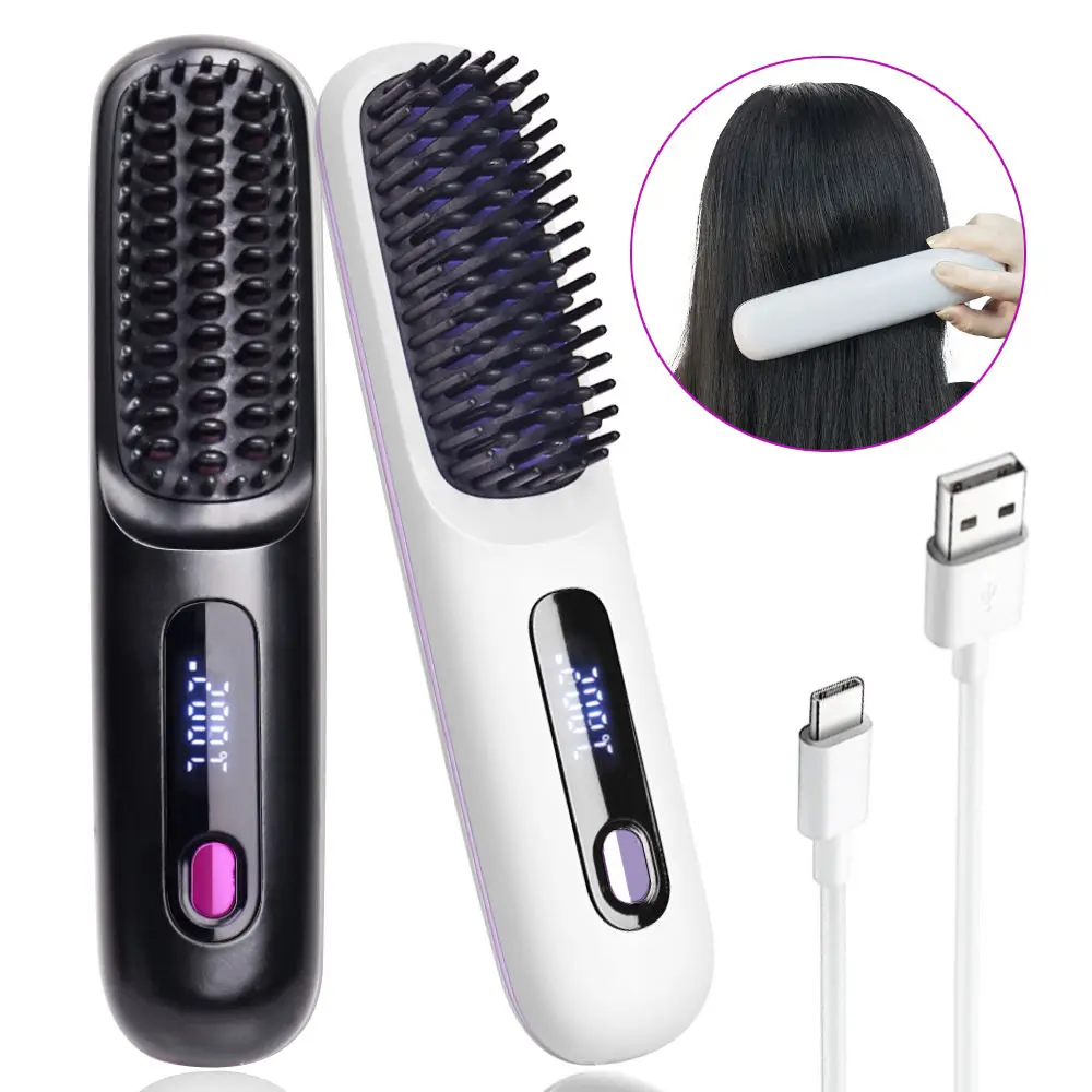 Portable wireless straightener comb with LED temperature display, electric wireless styling comb, straight and curl dual-use