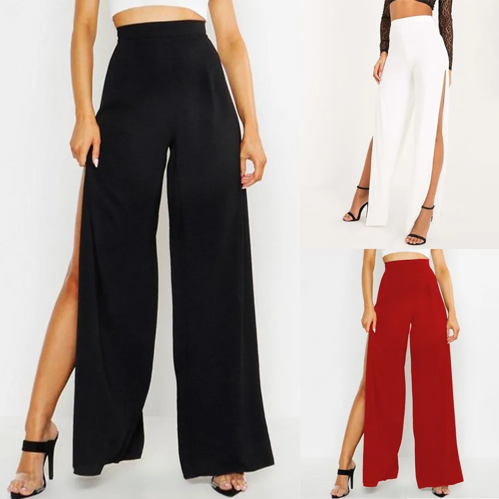 

S-XL Size Women Polyester Long Pants Side Seam High Split Pant Breathable Wide Leg Trousers Casual Loose Summer