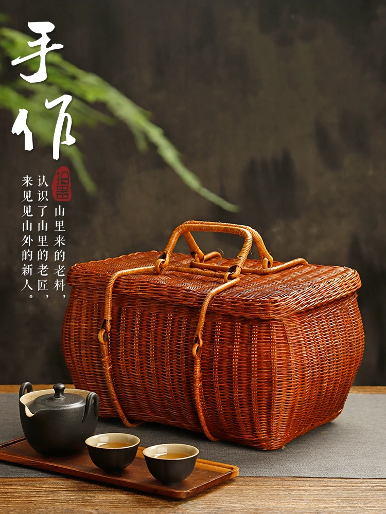 Vintage Rattan Storage Box with Lid Large Paint Tea Set Storage Storage Basket Household Storage Basket Japanese Style Travel