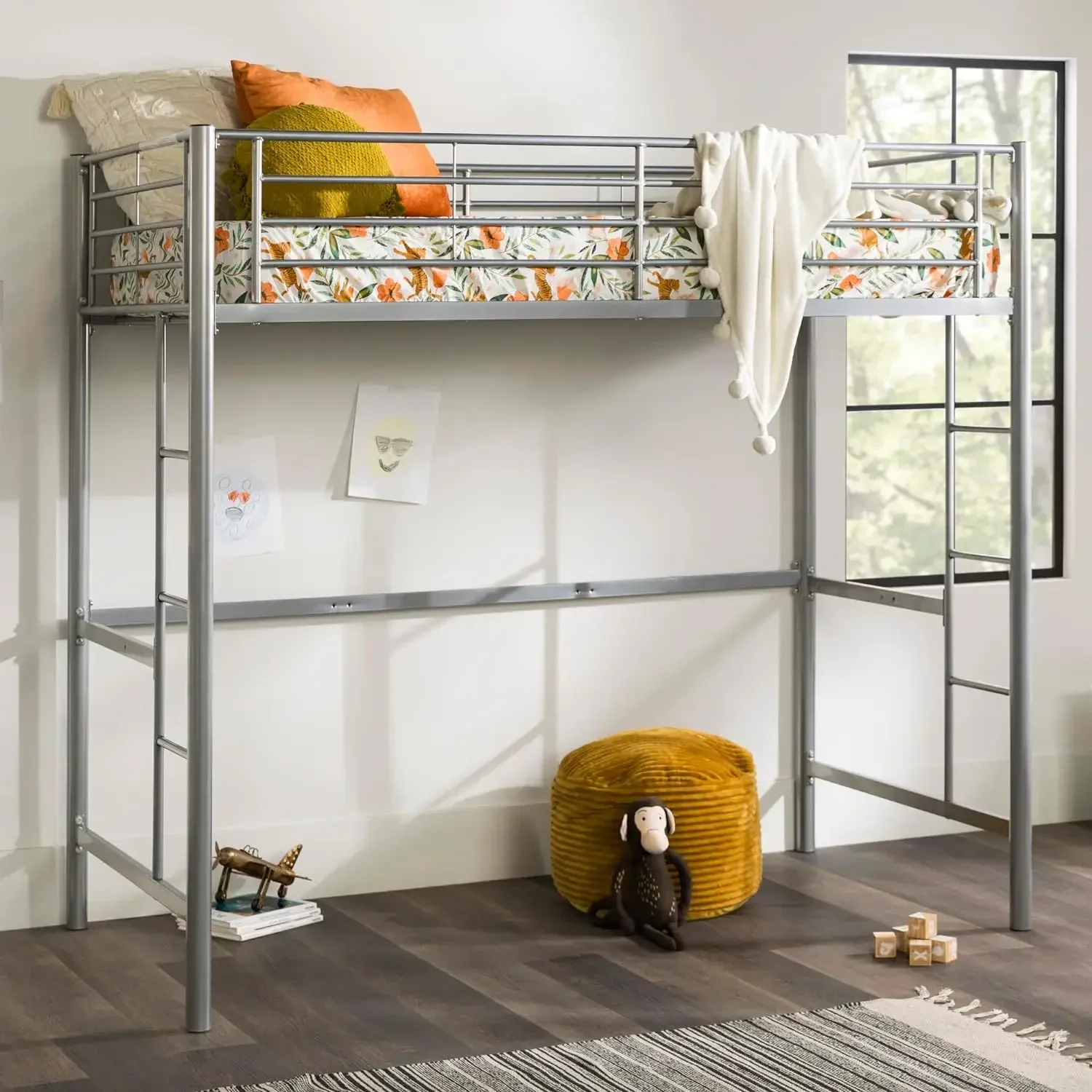 Walker Edison Silver Metal Twin over Loft Bunk Bed Twin Size Bedframe with Ladder Computer Gaming Desk