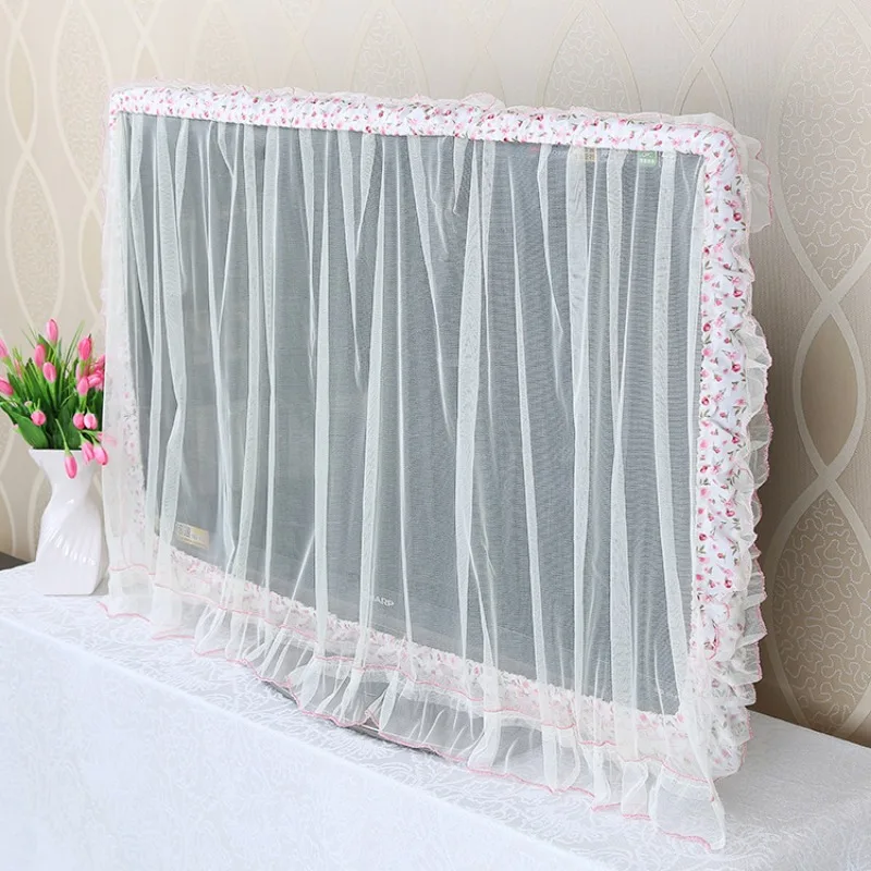 Lace Fabric Door Curtain TV Circle Can Be Flipped Dust Cover Monitor Screen Home Decorations Dust Cover With Elastic