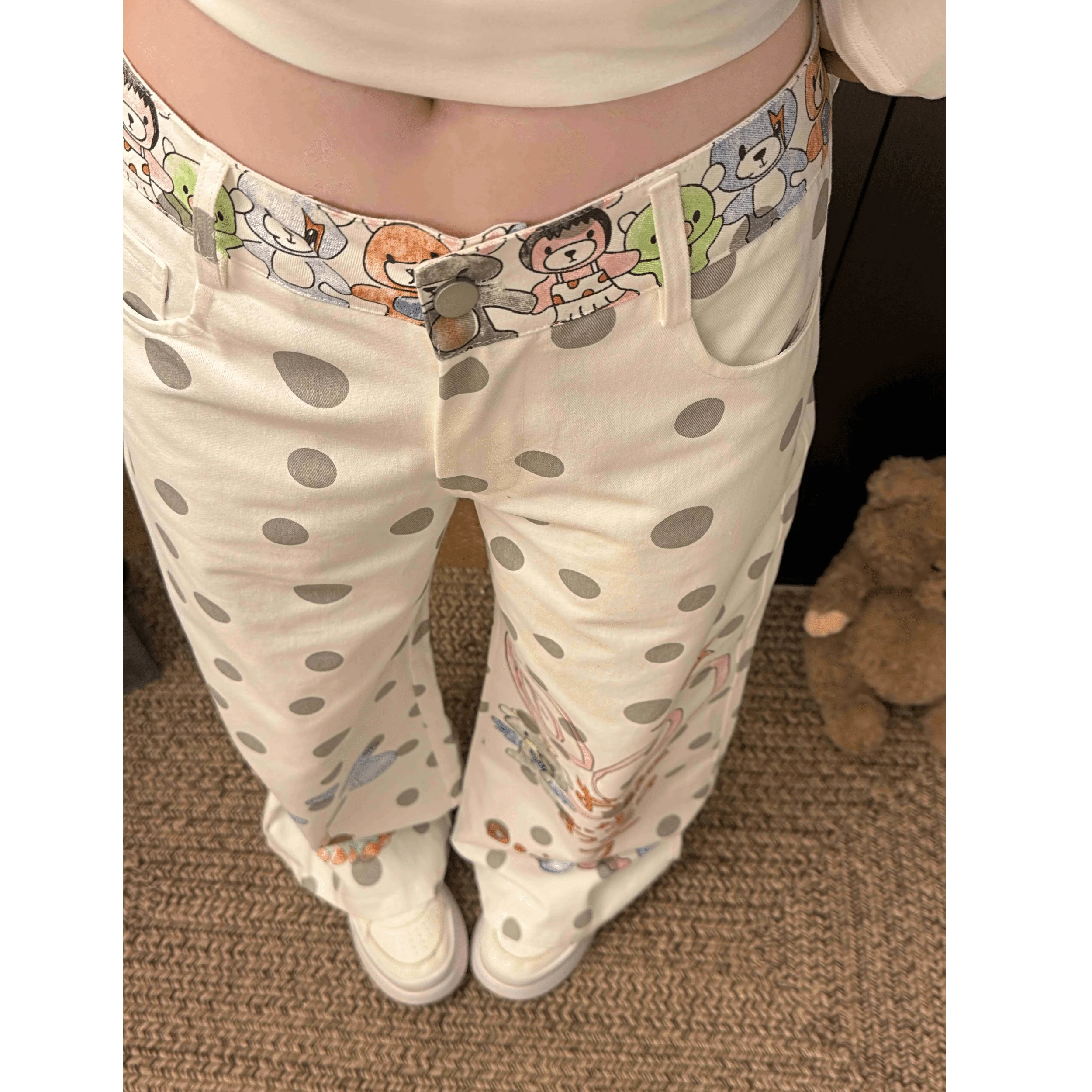 

fiti Bear Polka Dot Wide Leg Pants Women's Spring Summer Loose Casual Slim Straight Loose Fit Floor Length Trousers