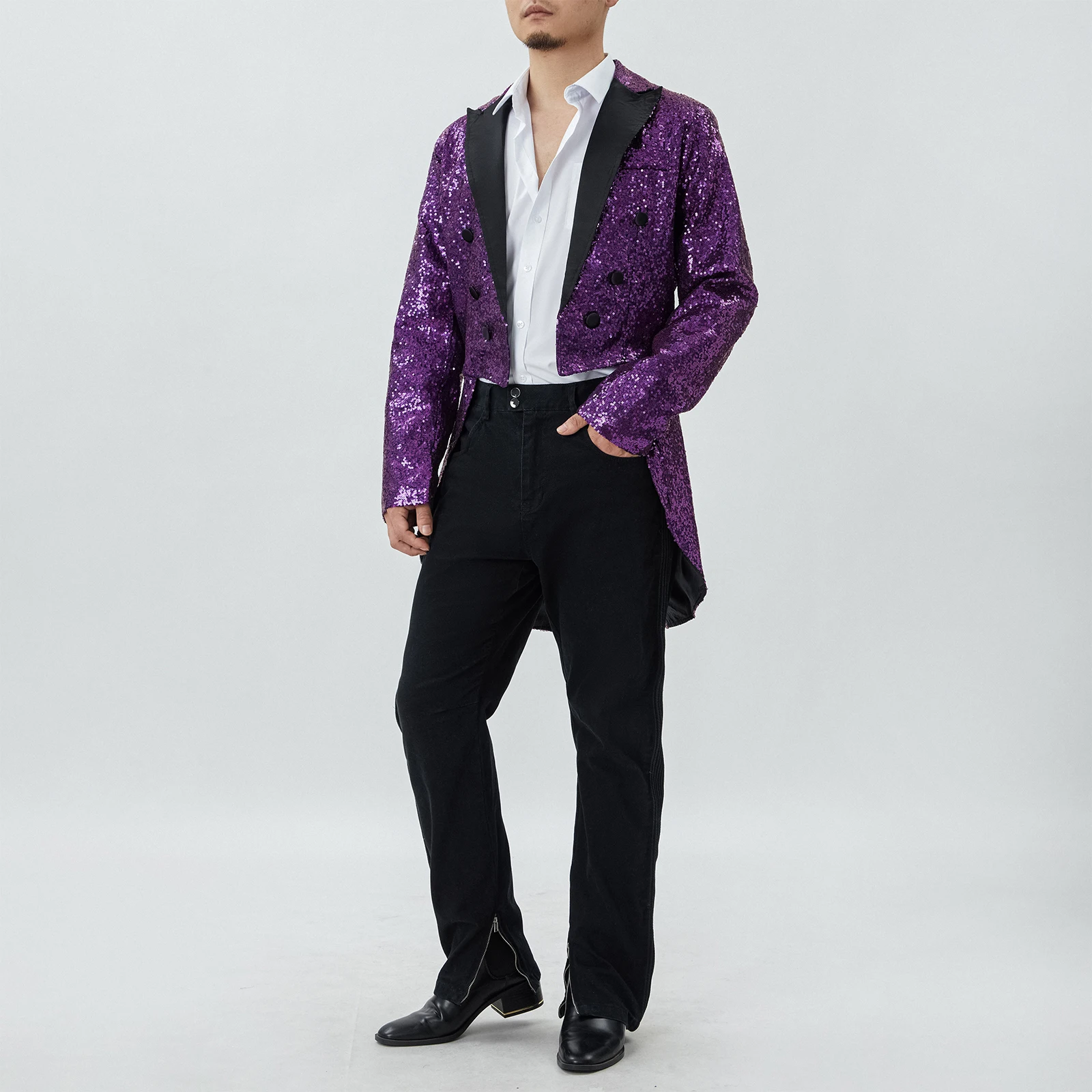 Men's Suit, Shiny Sequins Turn-Down Collar Long Sleeve Nightclub Prom Swallow-Tailed Tuxedo for Male