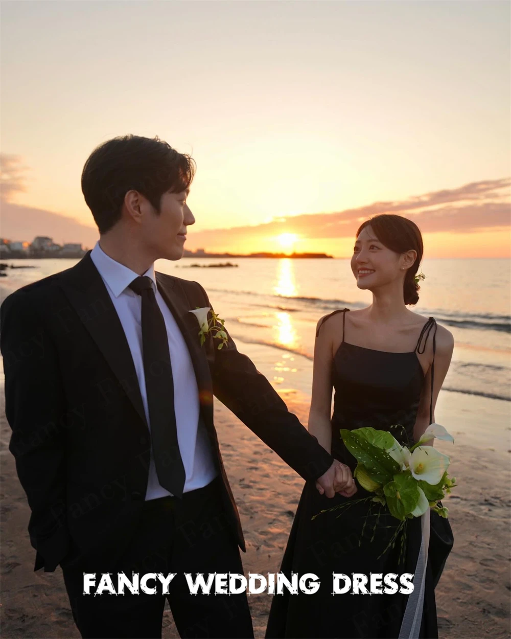 Fantasia elegante preto coreia vestido de casamento praia fotografia sem mangas cetim vestido de baile alças espaguete nne incluído personalizado