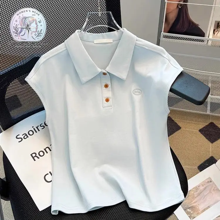 Women Summer Sleeveless Polo Shirt Preppy Style Lapel Collar Button Up Golf Tennis Top Casual Loose Fit Vintage Cap Sleeve Tee