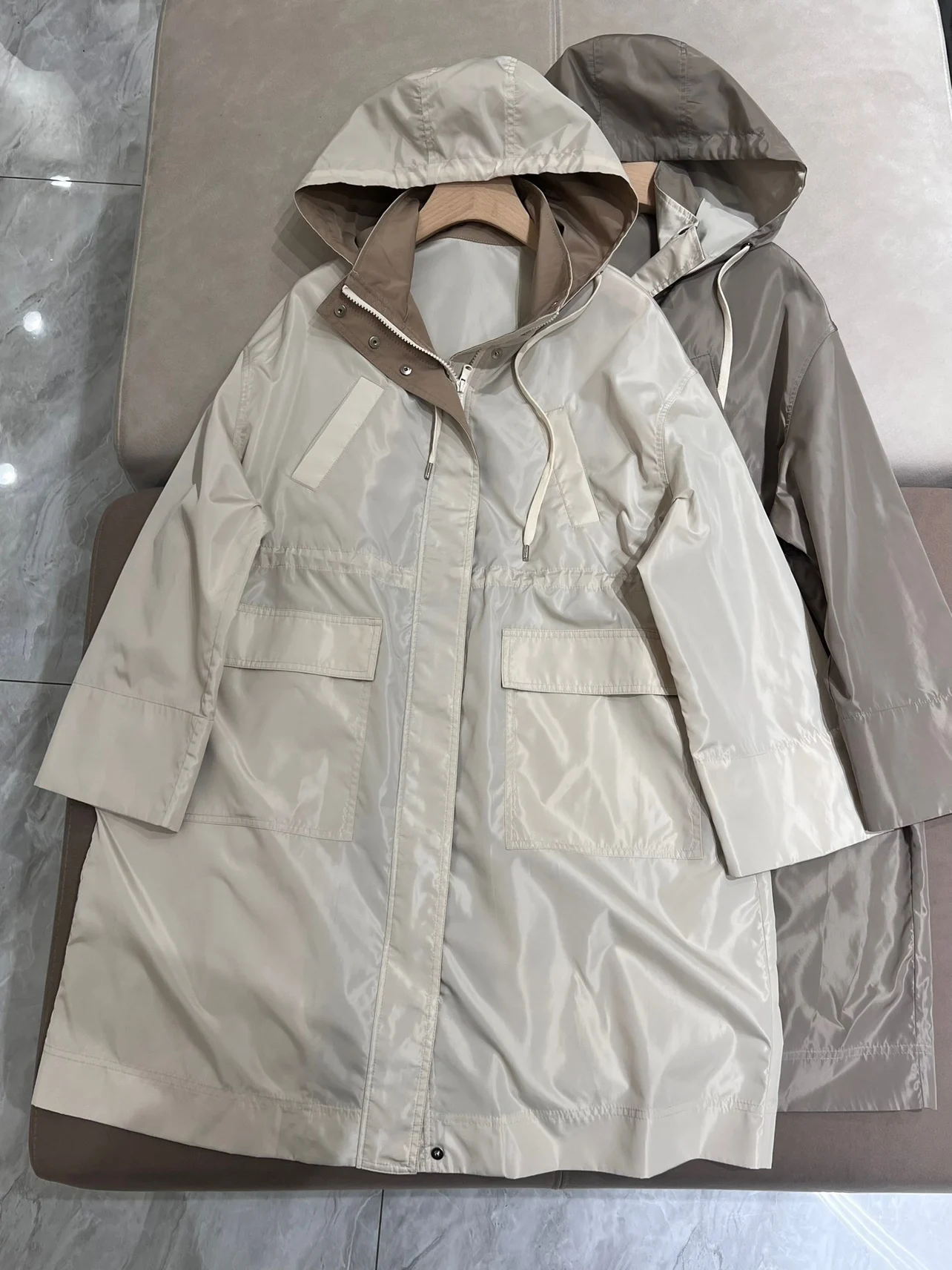 

Spring casual loose wide waist hooded rain coat