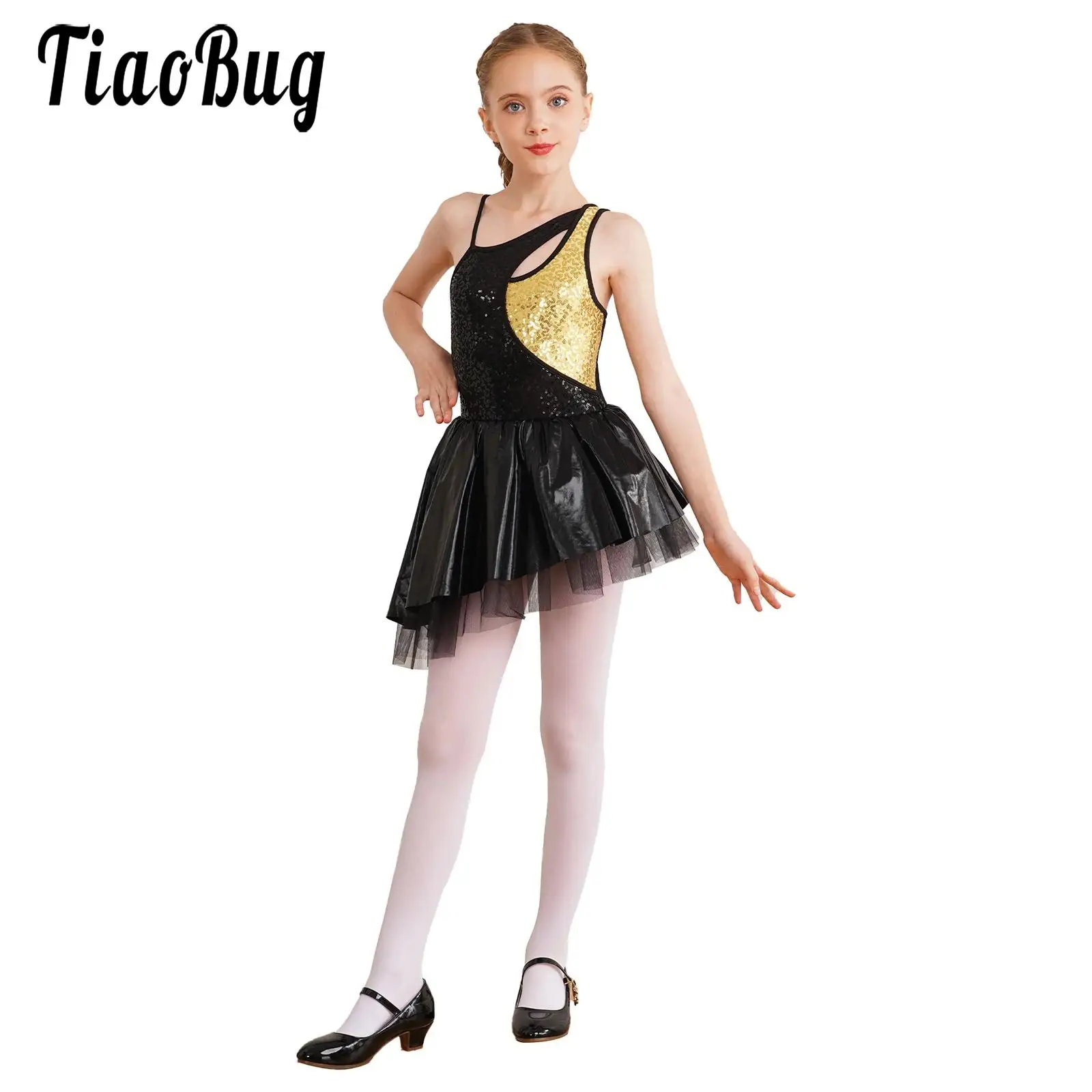 

Kids Girls Jazz Latin Dance Dress Asymmetrical Straps Tulle Skirt Leotard Dress Ballet Modern Tutu Dance Shiny Sequined Costumes