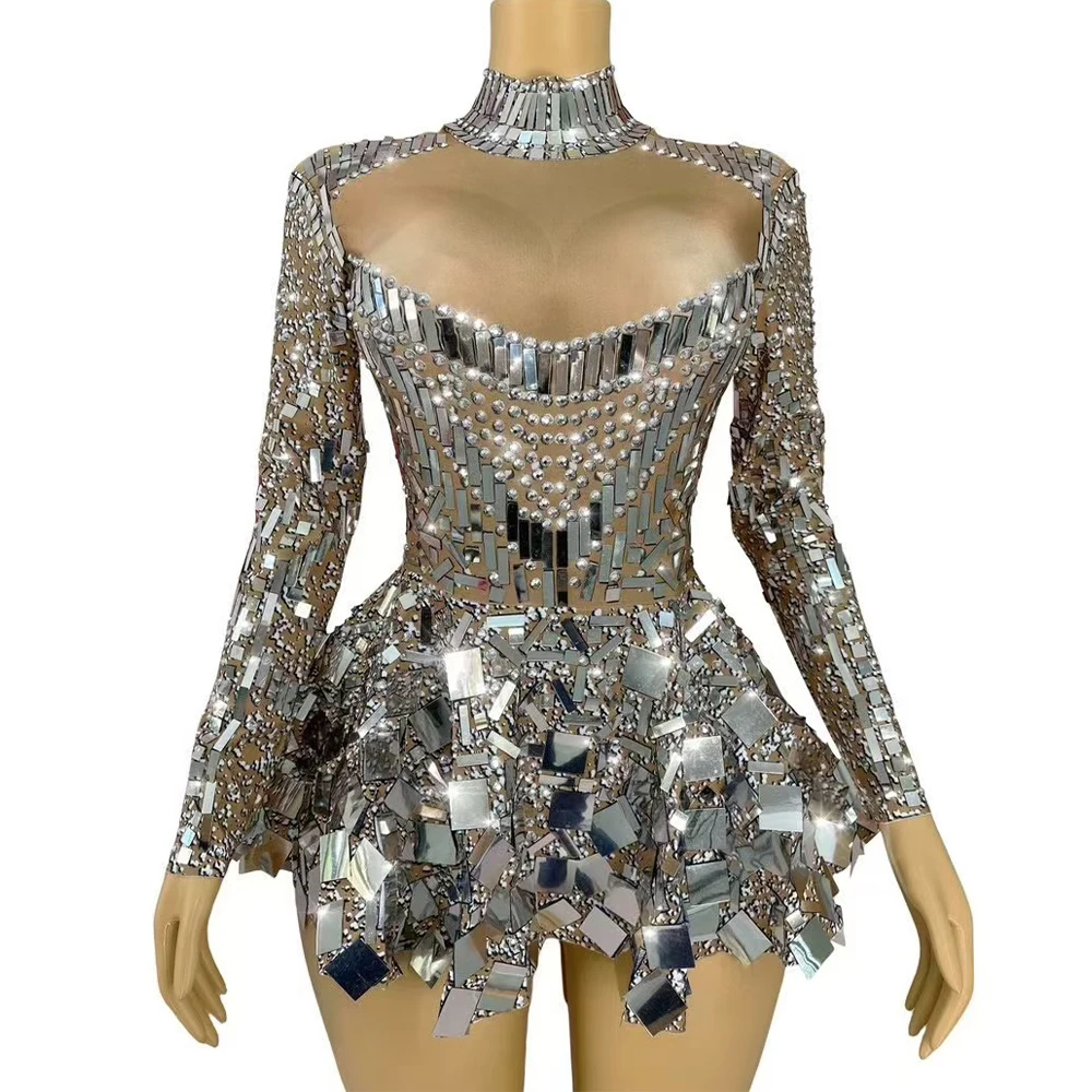 

Sexy Stage Blingbling Fashion Singer Dancer Performance Sequins Rhinestones Mini Dress Women Birthday Party Nightclub Costume