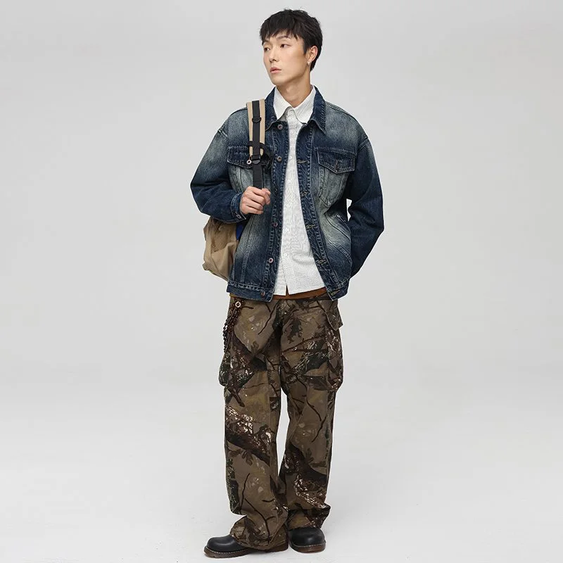 Vintage-Washed-Jeansjacke für Herren, Oversized-Jeansmantel mit Reißverschlusstaschen, Lässige Shacket-Oberbekleidung, Urban Streetwear – Detail 4