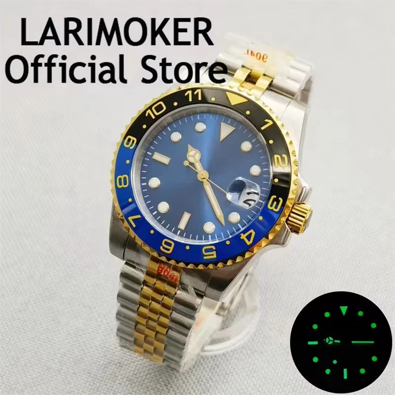 LARIMOKER 40mm TwoTone Gold Case Self Winding Men Watch Sapphire Crystal NH35 PT5000 Movement blue Dial stainless steel Strap