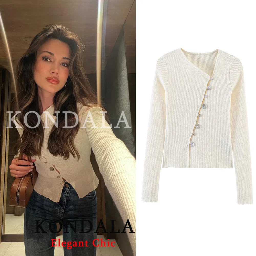 KONDALA Women Trendy Knitted Jacket Asymmetrical Buckle Knit Jacket New Fashion 2026 Spring Summer Office Lady Cardigan Jacket