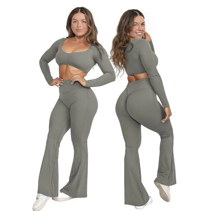 Seamless Yoga sets Casual Outdoor Fitness Sports Yoga Pant Bell-bottoms High Waist Hip Lift Training Clothes Yoga Trousers Women