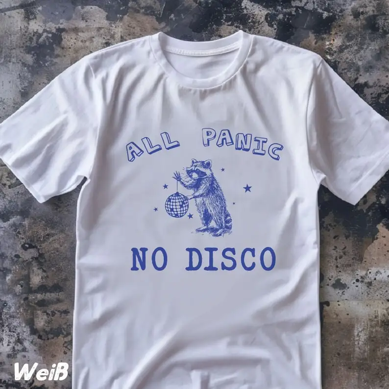 All Panic No Disco T-shirt Unisex, 2000s Emo Funny Raccoon Shirt, Sarcastic Saying, Chaotic 90s Shirt, Silly Meme Unisex Tee