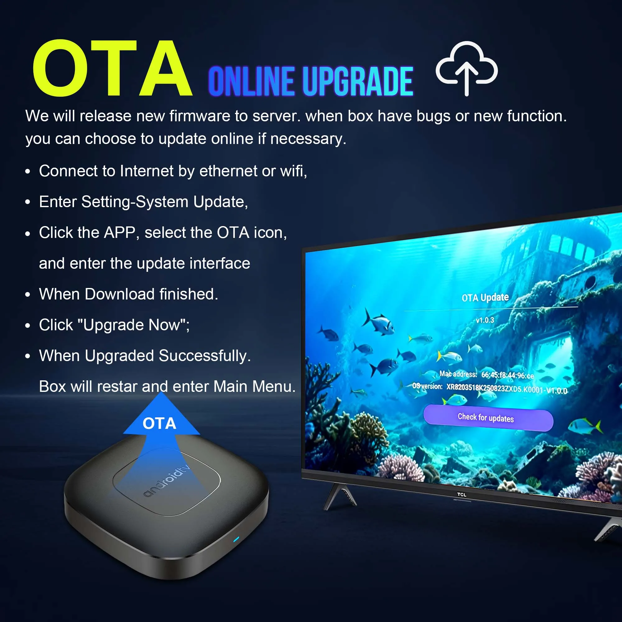 جهاز استقبال البث الرقمي Mortal T1، مزود بمساعد جوجل للتحكم الصوتي، ومعالج رباعي النواة RK3518 بدقة 4K UHD، وتقنية بلوتوث 5، وذاكرة تخزين 128 جيجابايت، وألعاب فيديو، وبث الوسائط المتعددة.