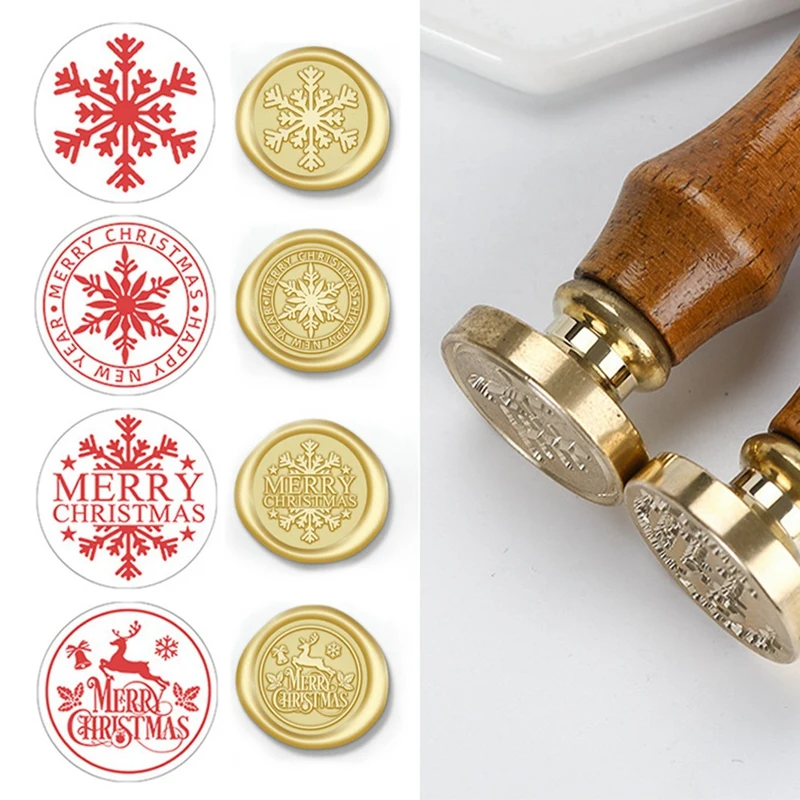 4PCS Christmas Wax Seal Stamp Copper Head Set Kit With Wooden Handle Sealing Stamp Set Envelope Gift Party Invitation Decoration