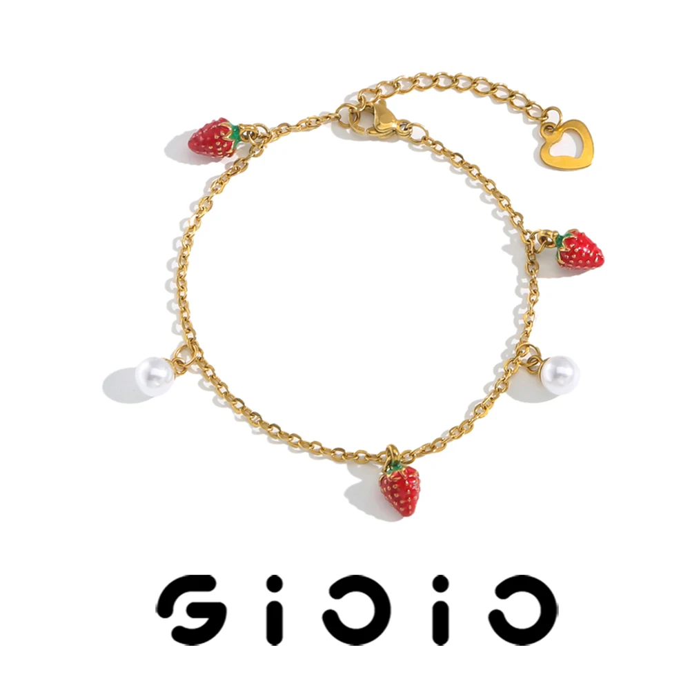 

GIOIO Stainless Steel Gold-Plated Chain Pendant Bracelet Women’s Fruit Strawberry Imitation Pearl Bracelet Jewelry Accessories