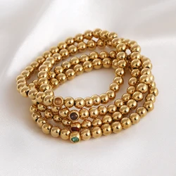 Stainless Steel Beaded Inlaid Glass Birthstone Bracelet 18K Gold Plated Smooth Metal Ball Bracelets Women Men Fashion Jewelry