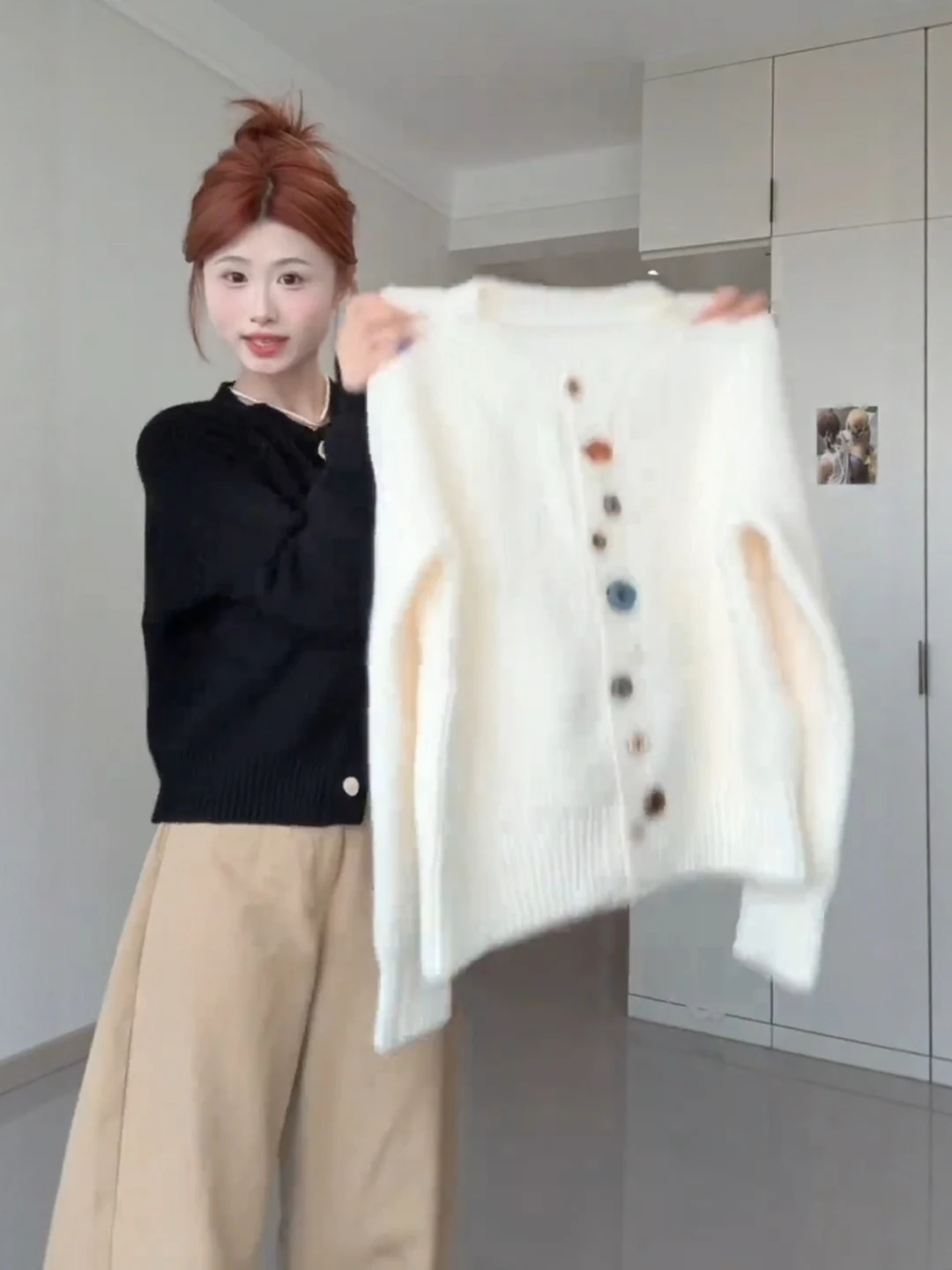 

Sweet Soft Irregular Color Button Design Knitwear Outerwear Women's Autumn Winter Loose Slimming Young-looking Top