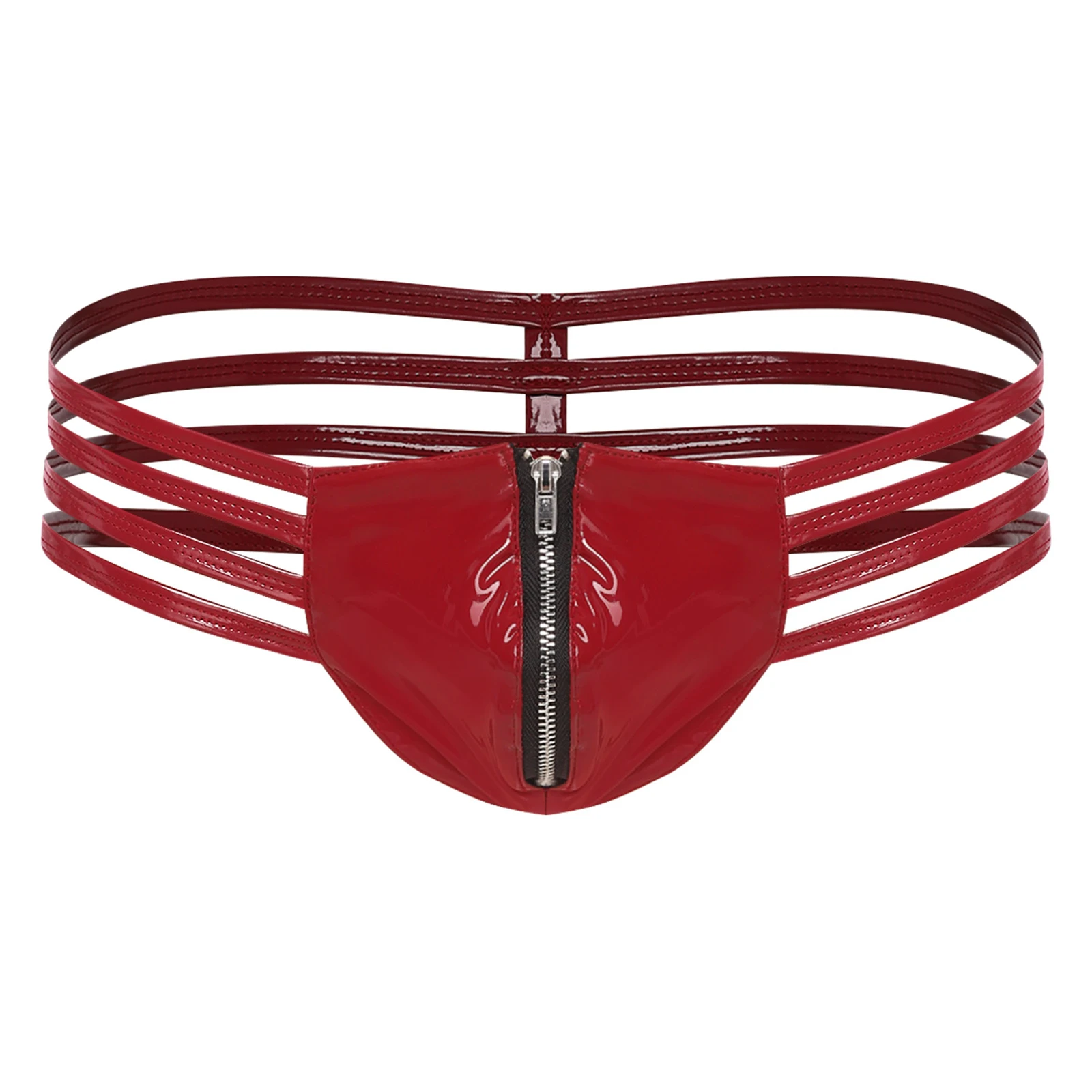 

Men Wet Looking Thongs Underwear Low Rise Bulge Pouch Zip Strappy Waist T-back G-ring Briefs Tempting Glossy Nightwear Lingerie