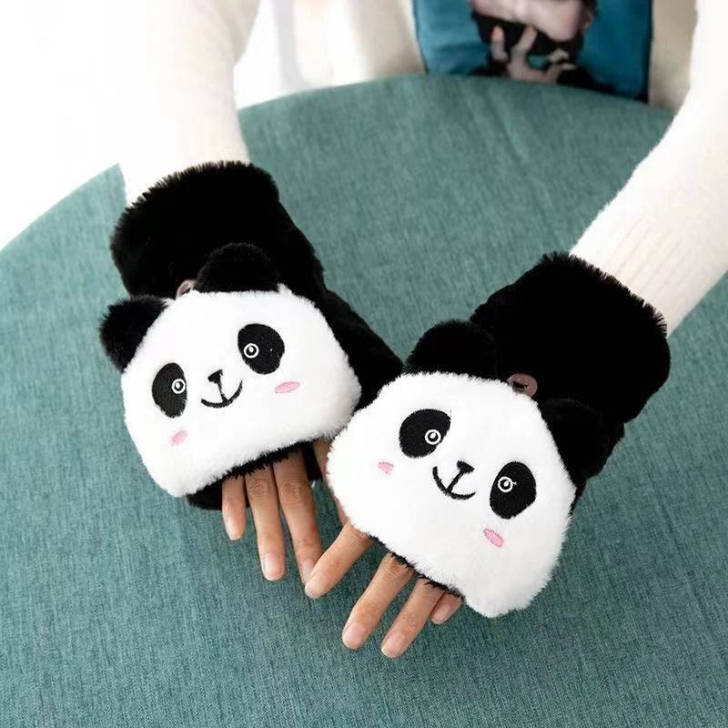 Bear Winter Gloves GirlsCold Weather Mittens Plush Girl Flip Top With Cartoon Animal Pattern Lovely Panda Flap Design