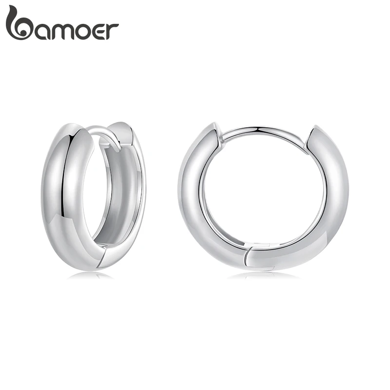 BAMOER WHITE Gold Plated 925 Sterling Silver Post Glossy Hoop Earrings, High Polished Trendy Fashion Jewelry for Women Bijoux