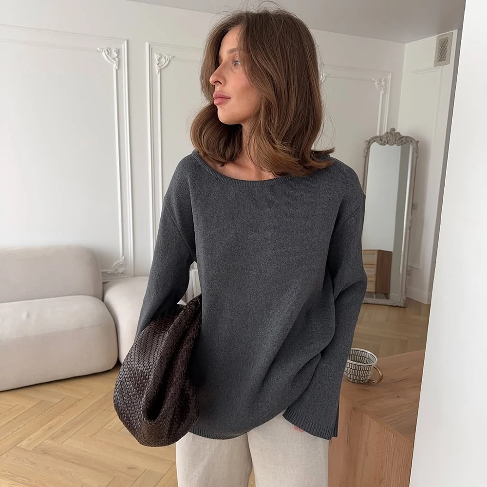 

Ticketsx вязаный свитер с открытой спиной, женский однотонный пуловер с круглым вырезом и длинными рукавами, модный повседневный женский свободный уличный свитер