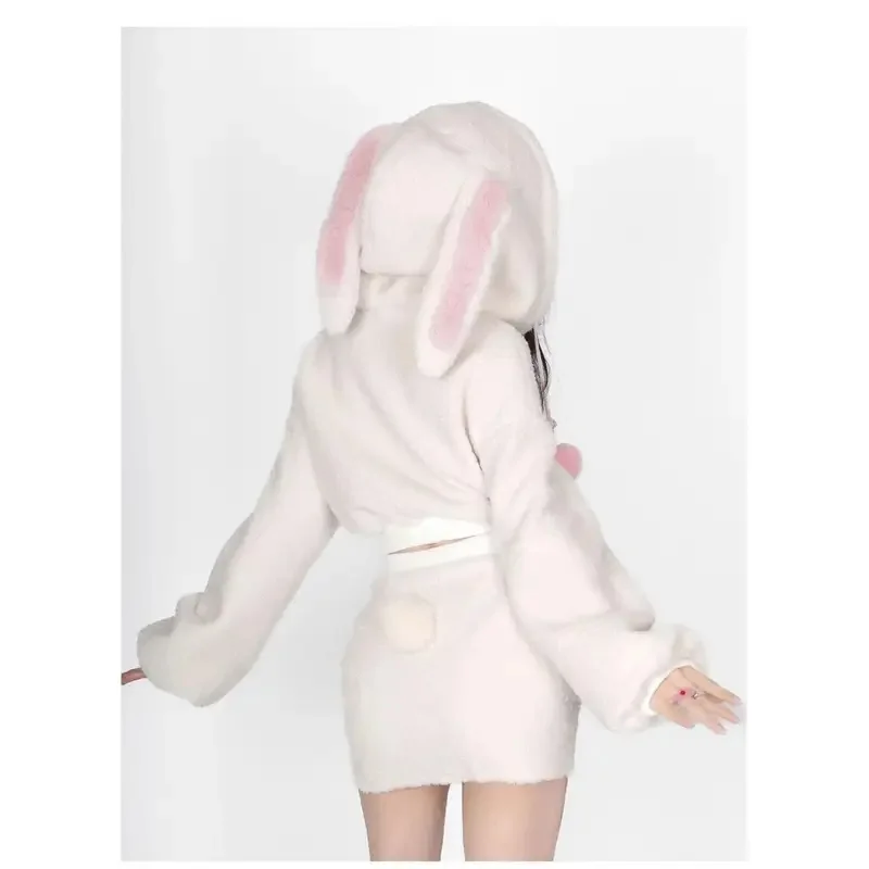 Новинка 2024, пушистая толстовка с кроличьими ушками для косплея, пальто с капюшоном для женщин Y2k E-Girl, облегающие юбки с высокой талией и разрезом, зимние утепленные теплые комплекты # 1 # В.